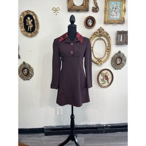 Vintage Y2K Fei Fei Brown Mini Dress Satin Red Collar Mod Goth M (HA) 101